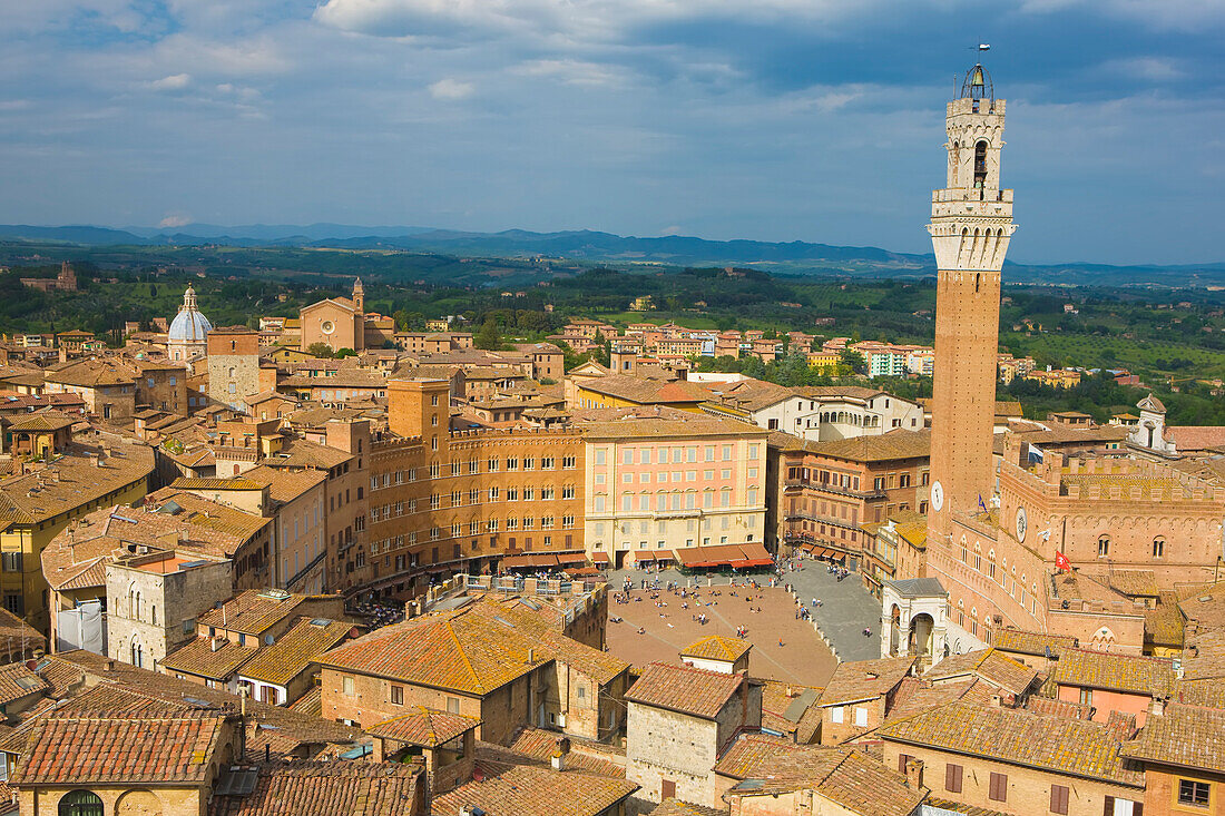 Overview of Piazza Del Campo and the historic center of Siena; Siena, Tuscany, Italy