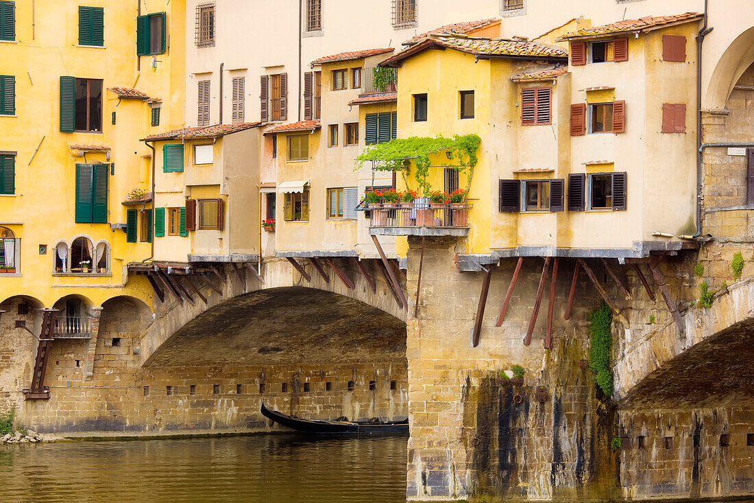 Eine mit Pflanzen bewachsene Terrasse entlang der mittelalterlichen Brücke Ponte Vecchio über den Arno; Florenz, Toskana, Italien