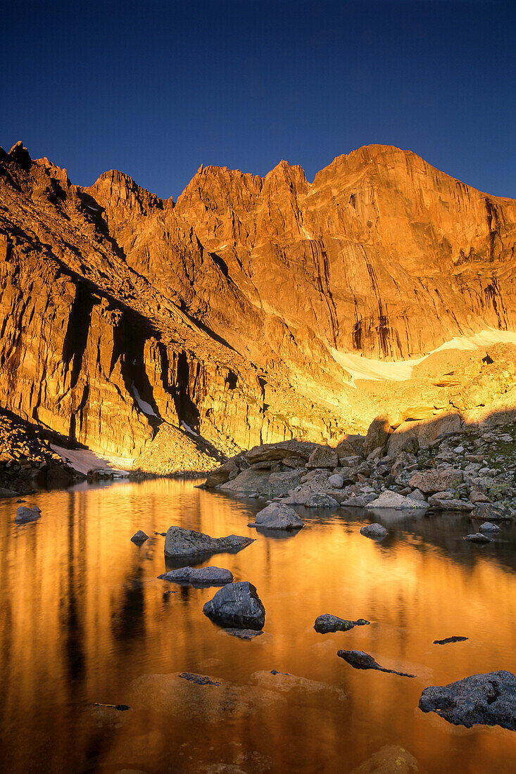 Reflections in Chasm Lake, below Longs Peak, at sunrise.