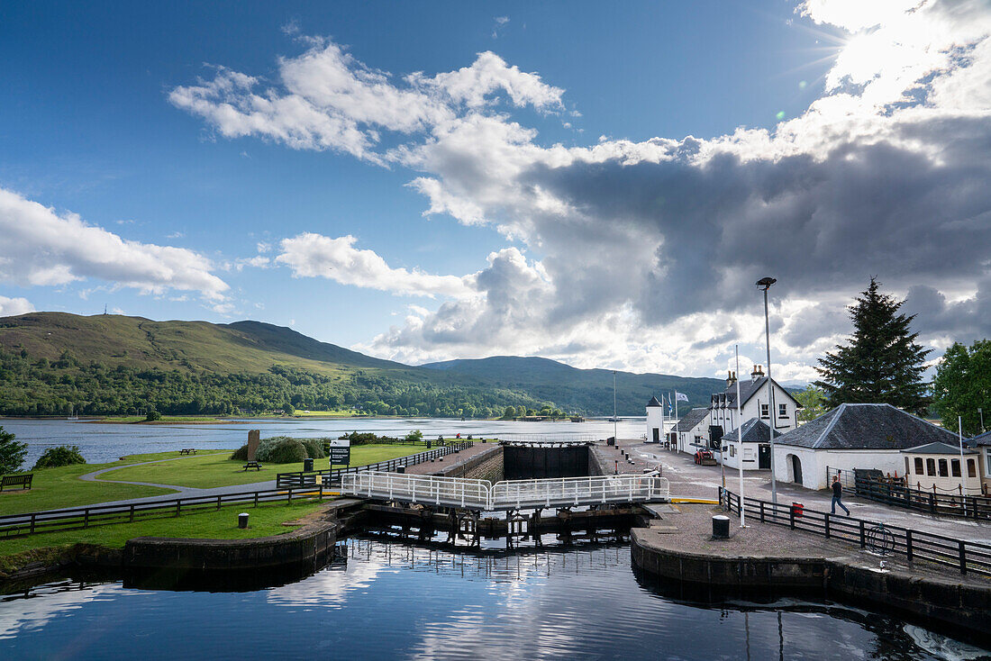 The Caledonian Canal waters lock at lake Loch Eil near Corpach, Scotland; Corpach, Scotland