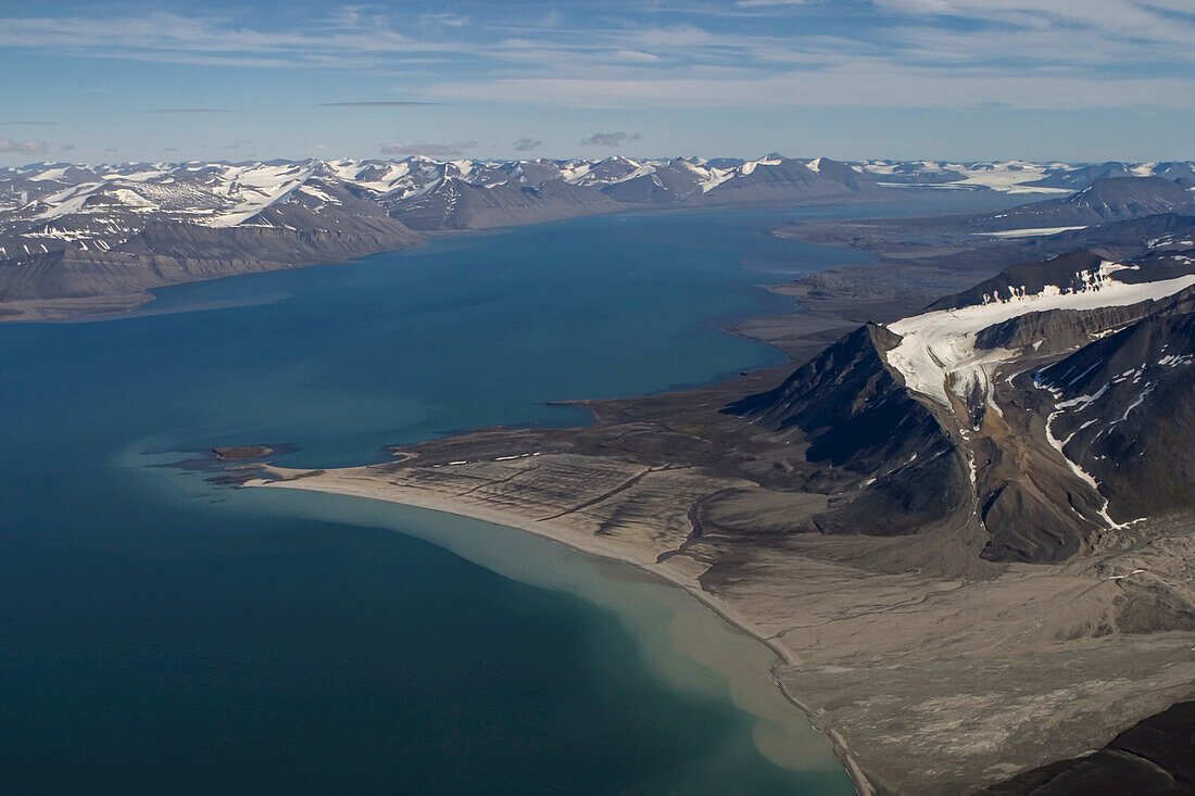 Aerial of beach terraces in fjord, Bellsund, Spitsbergen, Norway.