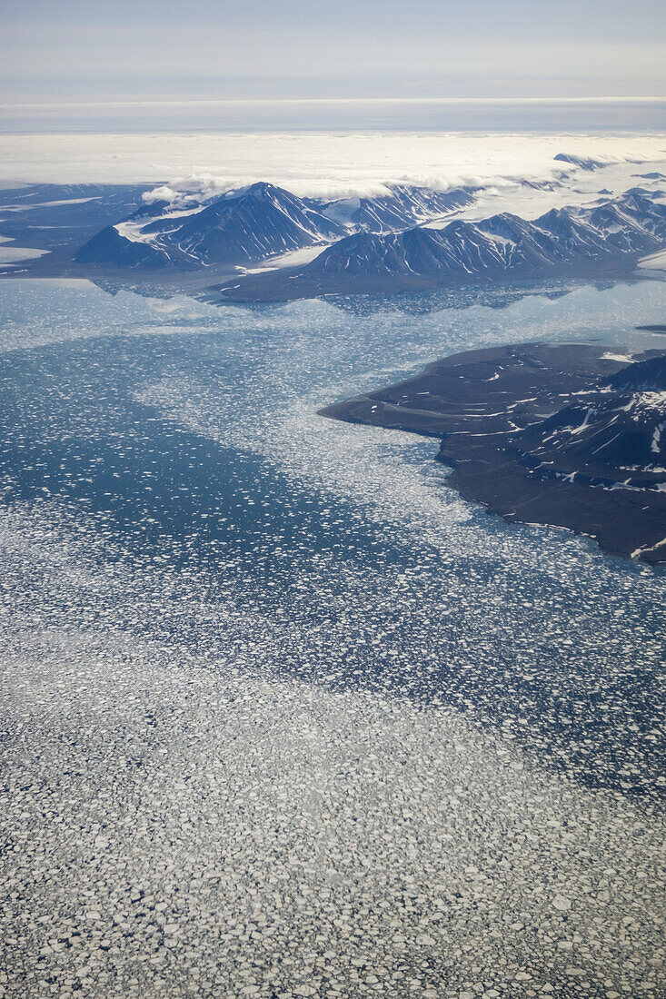 Aerial of icebergs in fjord, Hornsund, Spitsbergen, Svalbard, Norway.