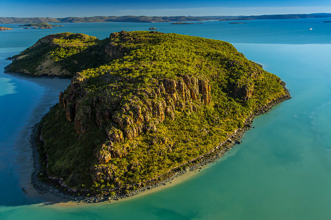 An aerial view of Naturalist Island on the Hunter River in the Kimberley Region of Northwest Australia.