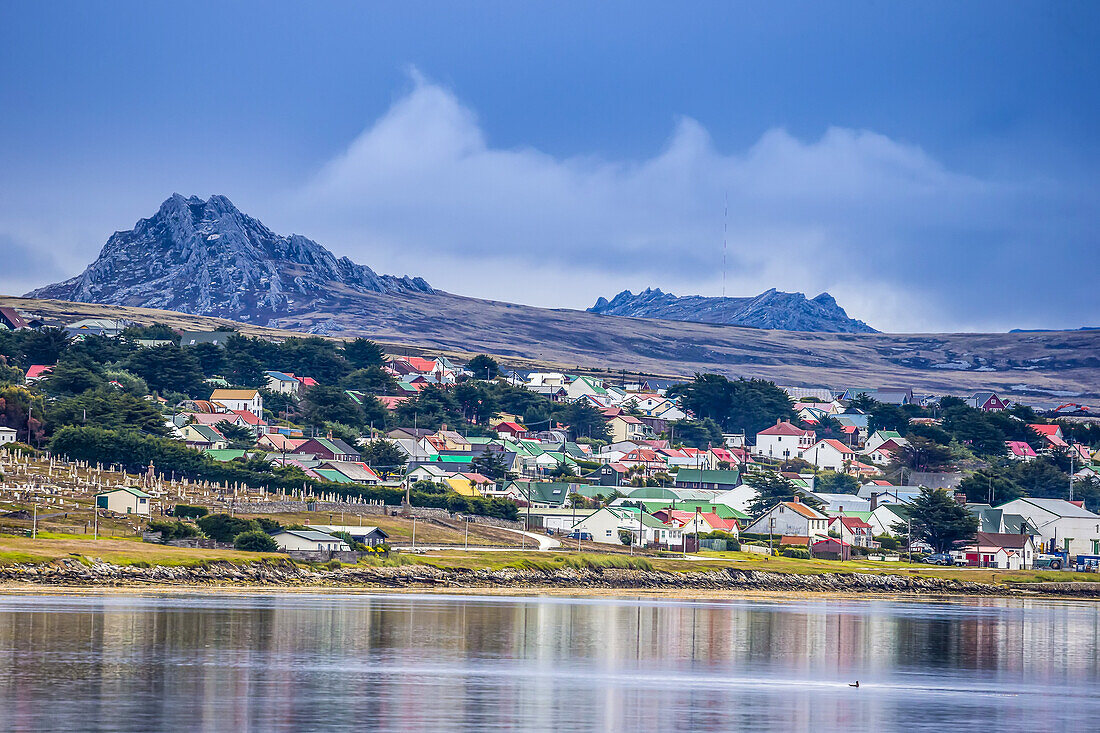 Bunte Gebäude in Port Stanley auf Steeple Jason Island auf den Falklandinseln.