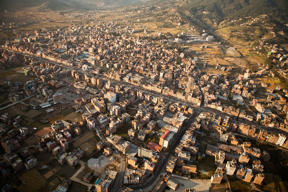 Aerial view of a Nepali town in the Kathmandu Valley.