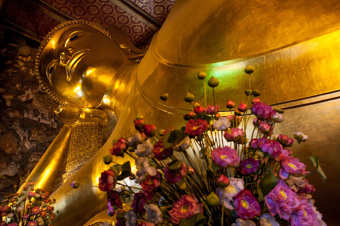 The giant reclining Buddha at the Wat Pho temple in Thailand.