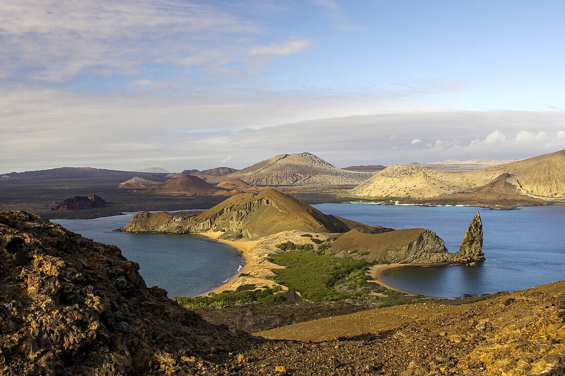 Scenic view of a crater-type lake in the Galapagos Islands.