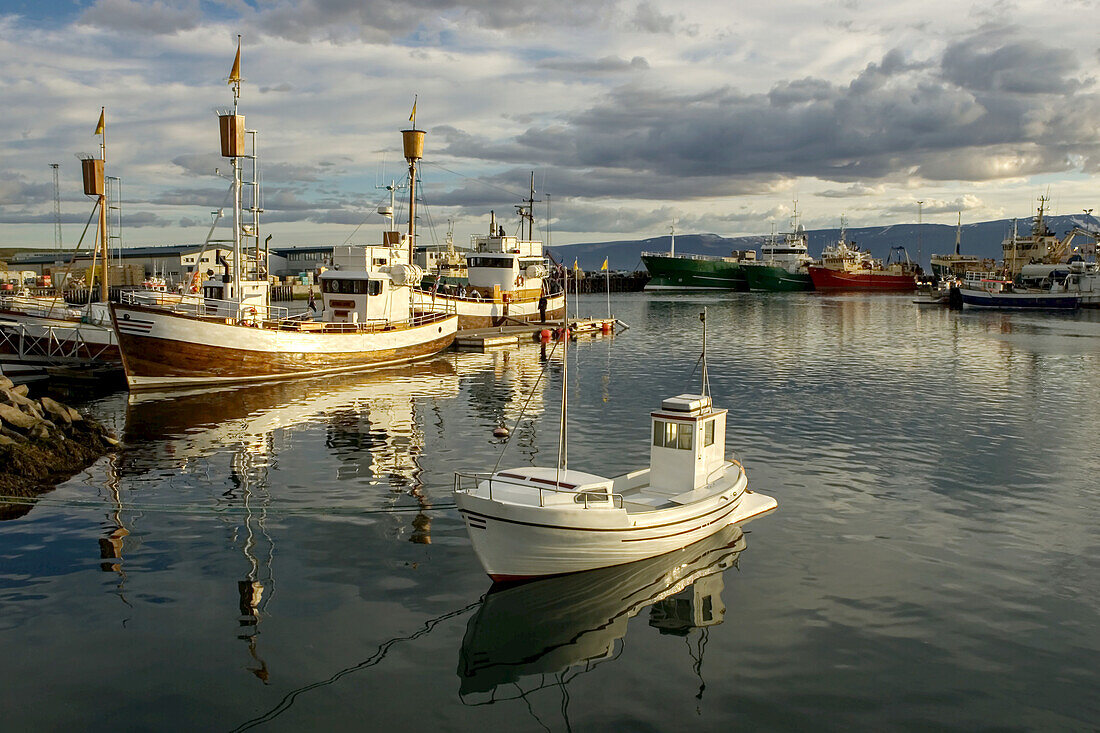 Midnight sun shines on fishing boats at anchor in a harbor.
