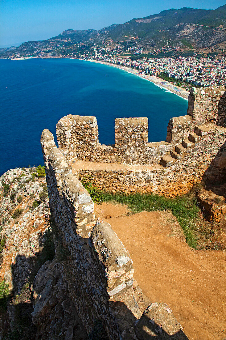 A Mediterranean view from the walls of Alanya Castle, Turkey.; The view from the walls of Alanya Castle, on the Mediterranean coast of Anatolia, Turkey.