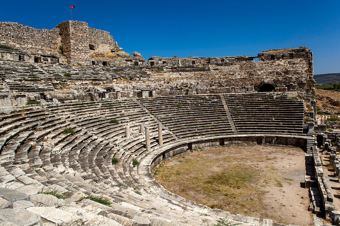 The theatre in the ruins at Miletus, near Kusadasi, Turkey.; The ruins of Miletus, near Kusadasi, close to the Aegean coast, in western Anatolia, Turkey.