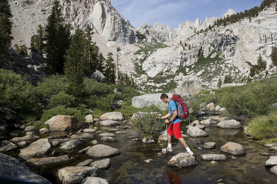 A climber on the difficult approach to climb Mount Whitney.