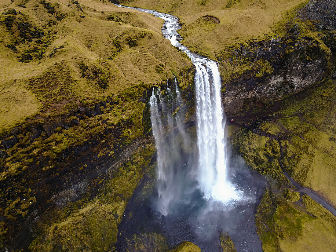 An aerial of Seljafoss waterfall in Iceland.