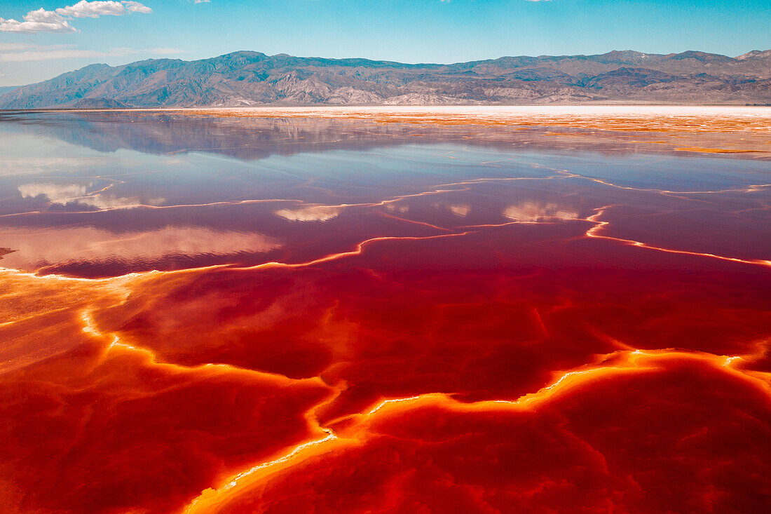 Salz liebende Halobakterien färben ein flaches Salzseebett rot; Lone Pine, Kalifornien, Vereinigte Staaten von Amerika