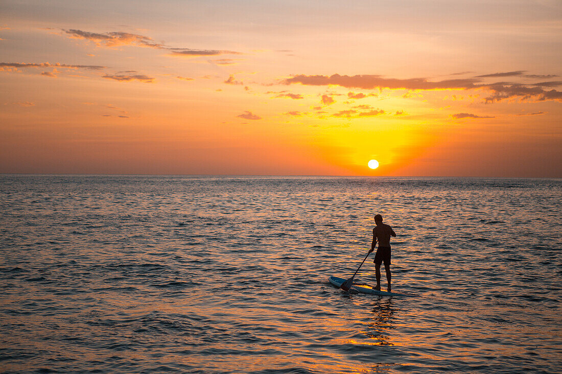 Paddleboarder on the Pacific Ocean at sunset; Cabo San Lucas, Baja California Sur, Mexico