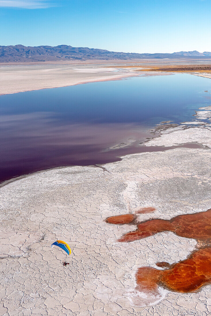 A paramotor pilot flies over Owens Lake, a mostly dry lake bed, in the Sierra Nevada near Lone Pine with salt loving halobacteria turning the shallow water a vibrant shade of red along the salty, dry shoreline; Lone Pine, Inyo County, California, United States of America