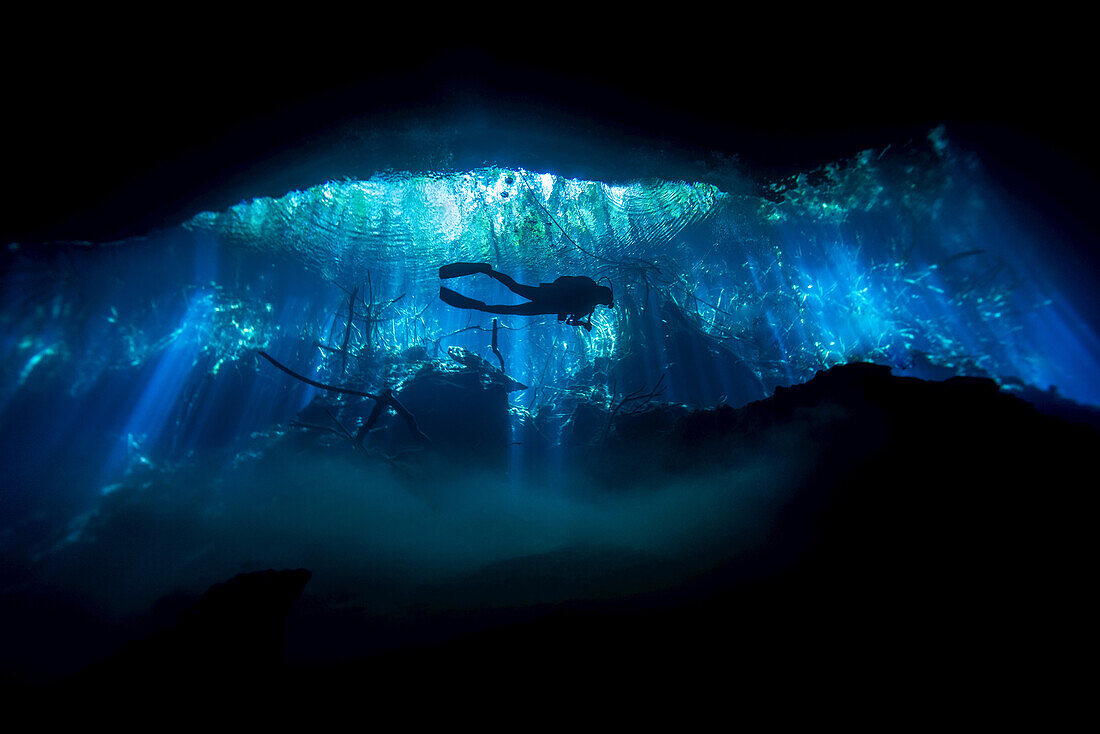 Silhouette eines Höhlentauchers bei der Erkundung einer Cenote oder eines Sinklochs; Tulum, Quintana Roo, Mexiko