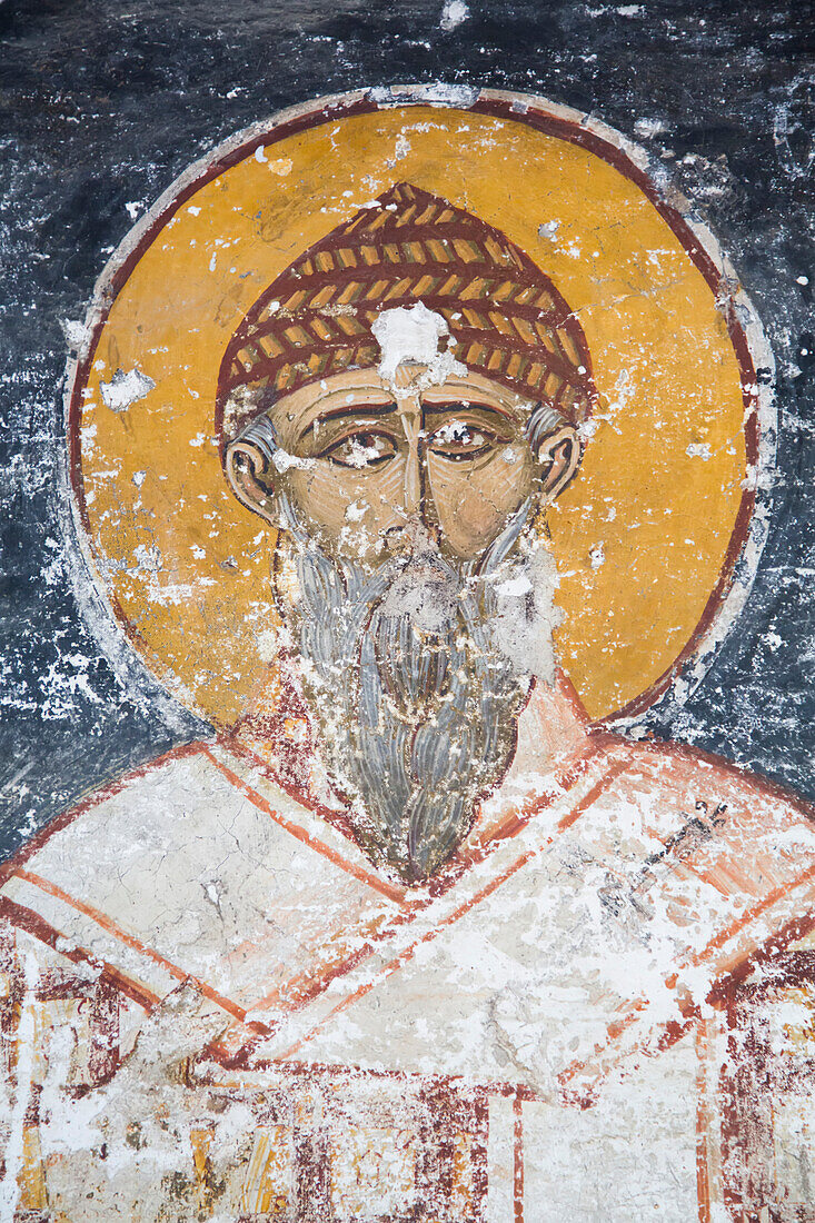 Nahaufnahme von Wandfresken der Heiligen Apostel Orthodoxen Kirche in der Antiken Agora; Athen, Griechenland