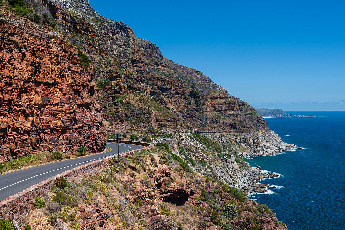 Coastal road, Chapman's Peak Drive, along the shoreline of the Atlantic Ocean on the western side of the Cape Peninsula; Cape Town, Western Cape, South Africa