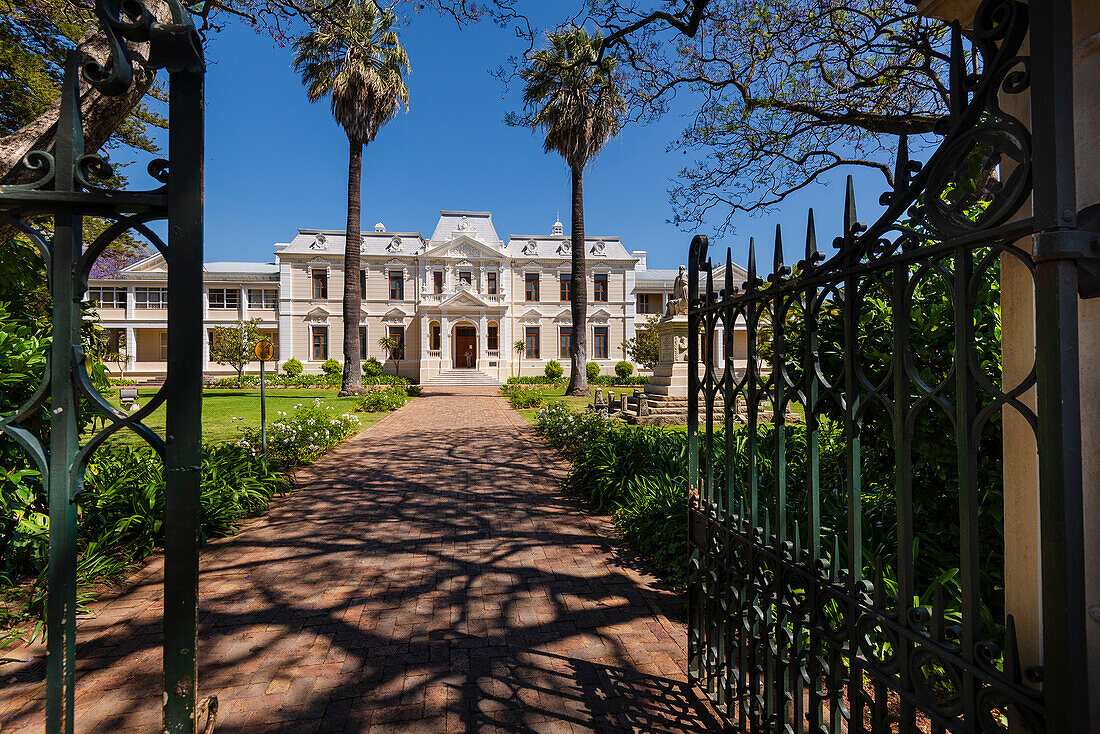 Iron gates and walkway to the entrance of the University of Stellenbosch Theology Faculty Building; Stellenbosch, Western Cape, South Africa