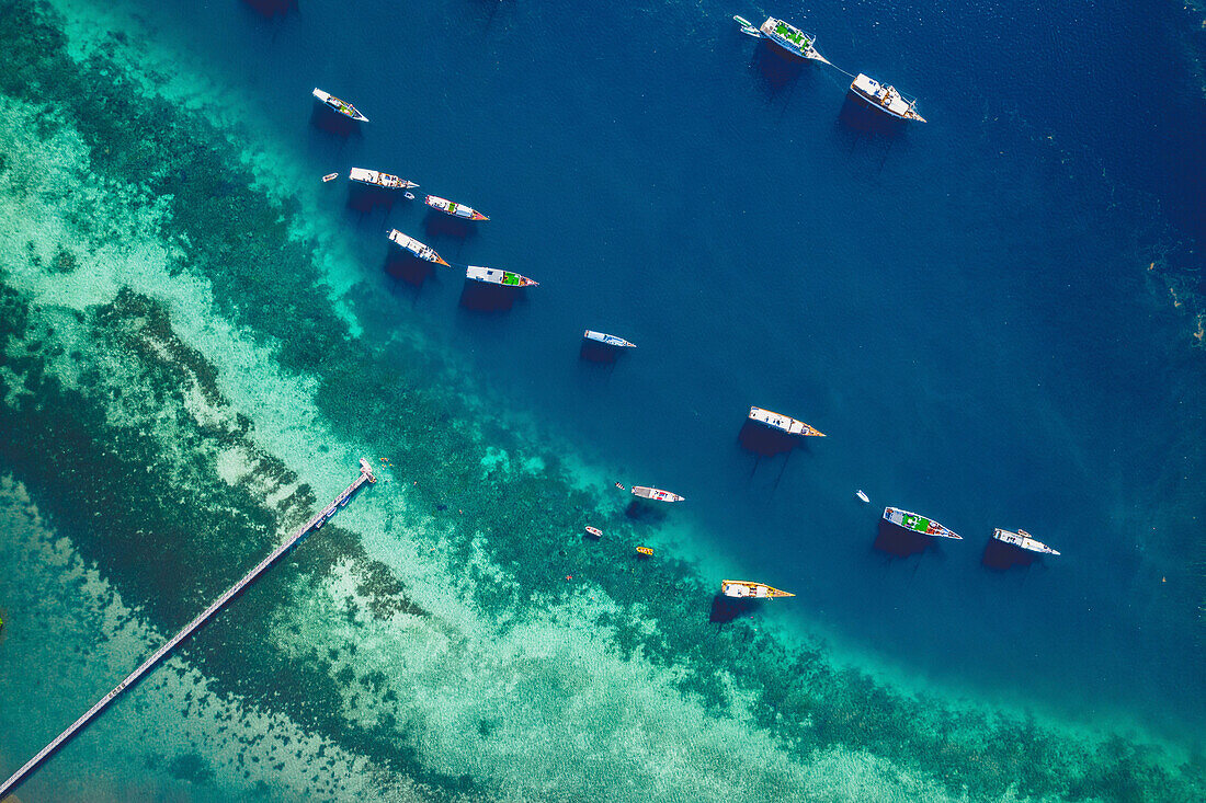 Blick von oben auf Boote, die vor einer Insel im Komodo Nationalpark vertäut sind, mit einem Steg, der in das türkisfarbene Wasser hineinragt; Ost Nusa Tenggara, Kleine Sunda Inseln, Indonesien