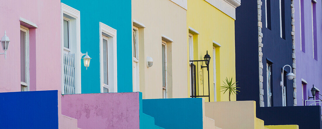 Close-up of the colorful painted houses in the Bo-Kaap District of Cape Town; Cape Town, Western Cape Province, South Africa