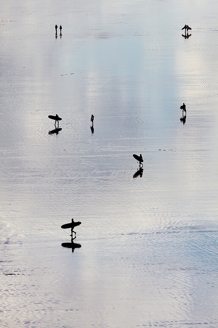 Surfer in Silhouette, die von der Brandung zurückkehren; Saunton Sands, Barnstaple, Devon, England, Großbritannien, Vereinigtes Königreich.