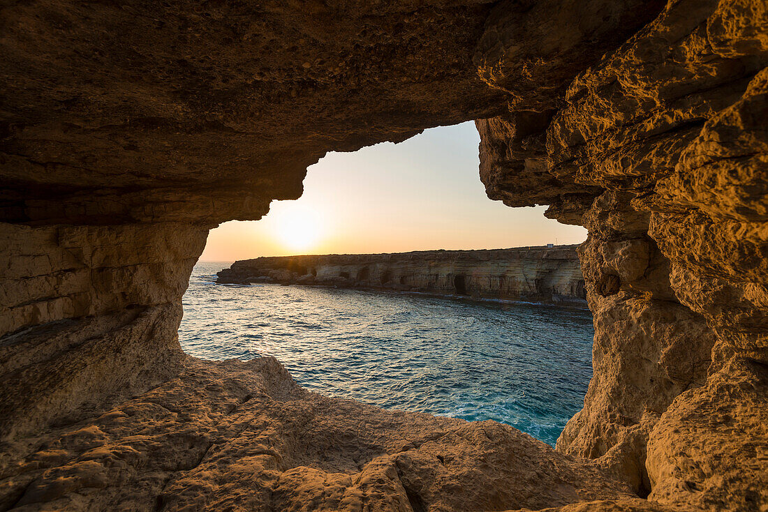 Looking out of cave at sunset near Ayia Napa; Cyprus