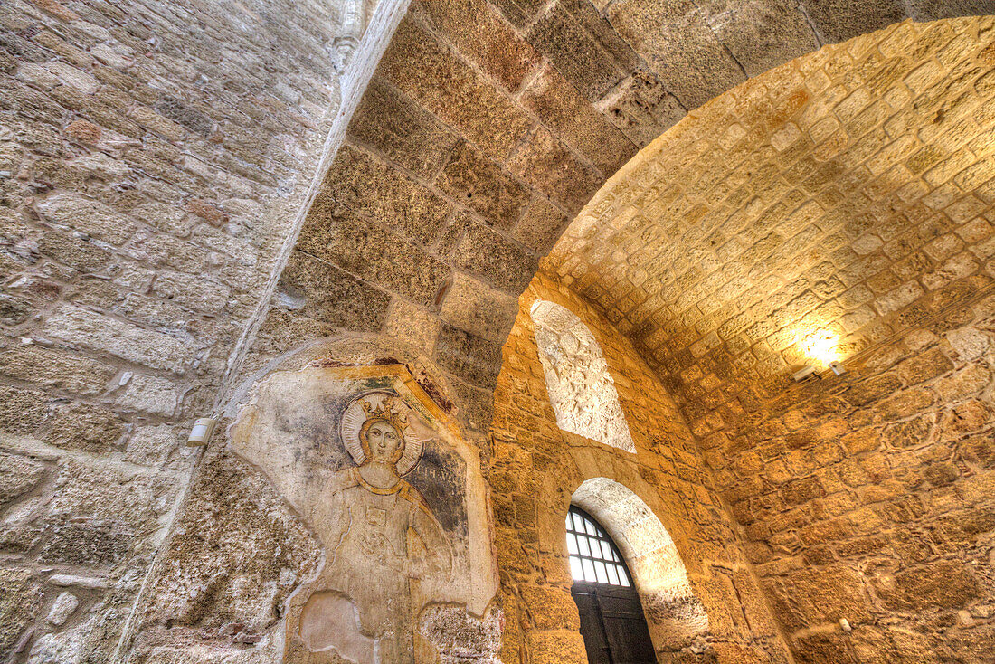 View of the fresco at Our Lady of the Castle Church in the Byzantine Art Museum (Palace of the Grand Master of the Knights of Rhodes) in Rhodes Old Town, Rhodes; Dodecanese Island Group, Greece