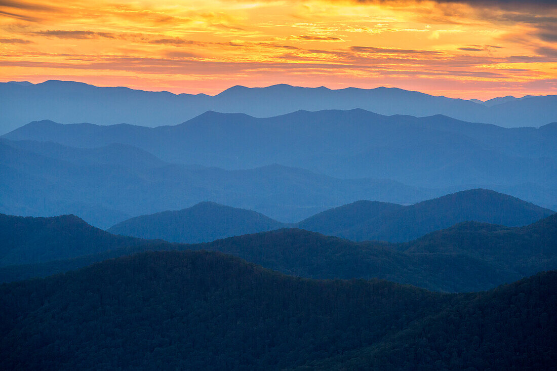 Blue Ridge Mountain ridgelines are visible at sunset; North Carolina, United States of America