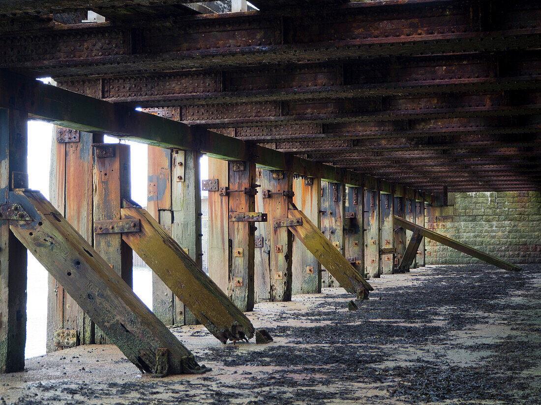 View of wooden support structure under the pier at Folkestone Harbour Arm; Folkestone, Kent, England, United Kingdom