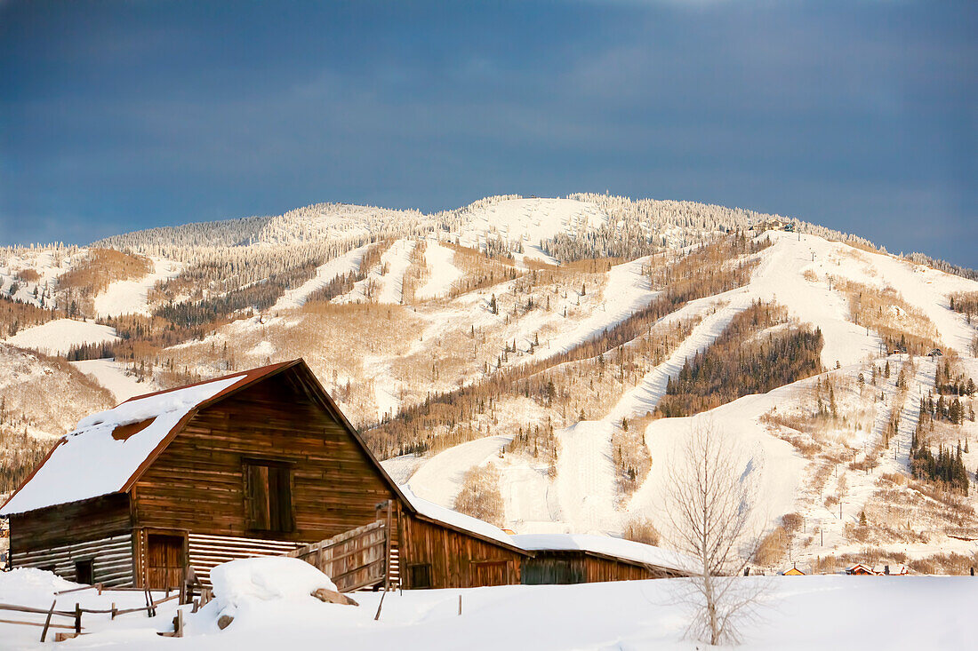 Die berühmte Steamboat Barn (More Barn) und schneebedeckter Berghang; Steamboat Springs, Colorado, Vereinigte Staaten von Amerika