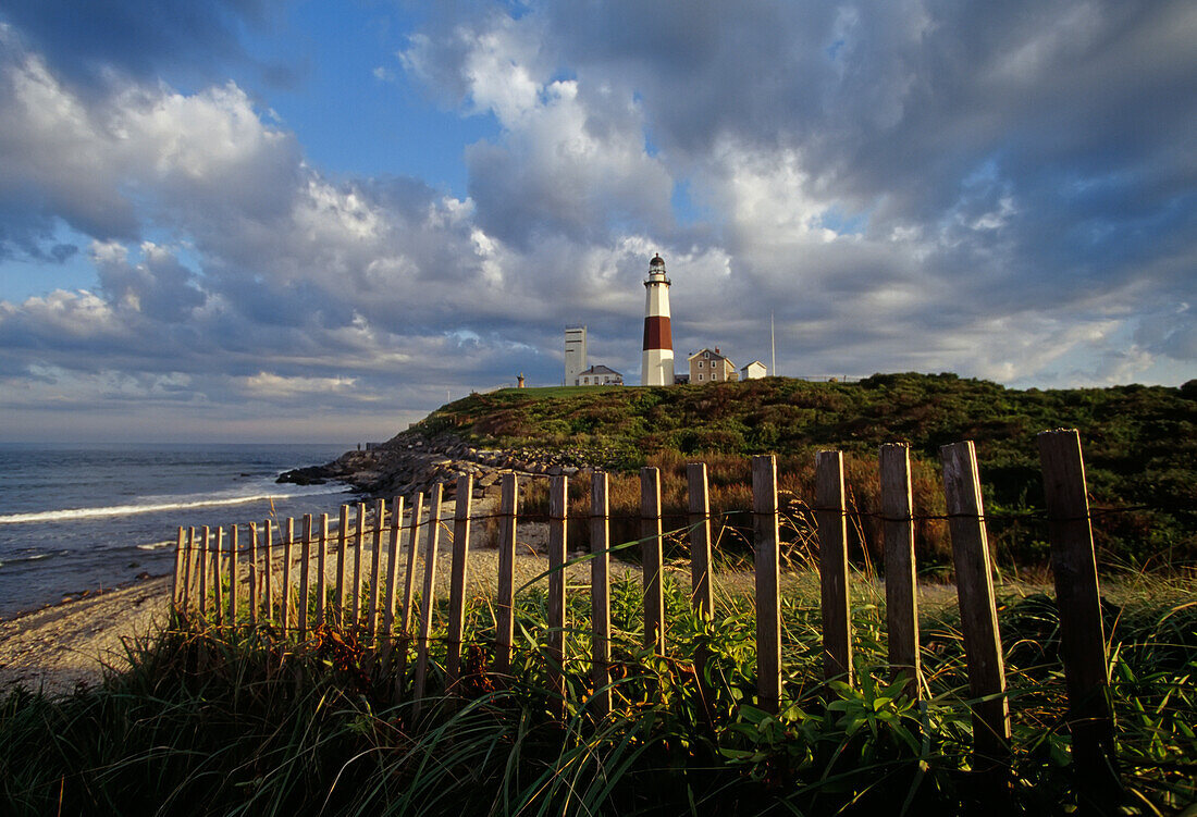 Lighthouse at Montauk with dramatic sky.; Montauk, New York.