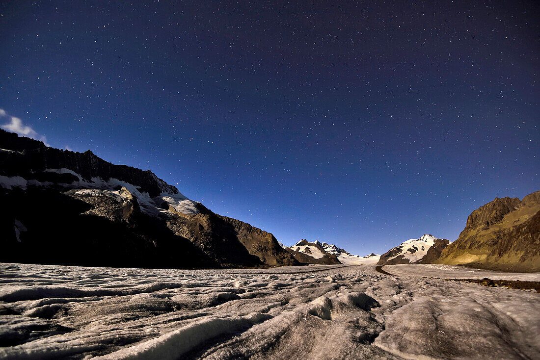 Landscape wilderness on the Aletsch Glacier at night.; Aletsch Glacier, Fiesch, Switzerland.