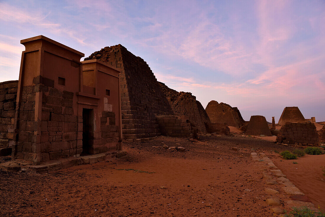 The royal necropolis of the southern capital of the kingdom of Kush near Bejrawia, Meroe.; Meroe, Sudan, Africa.
