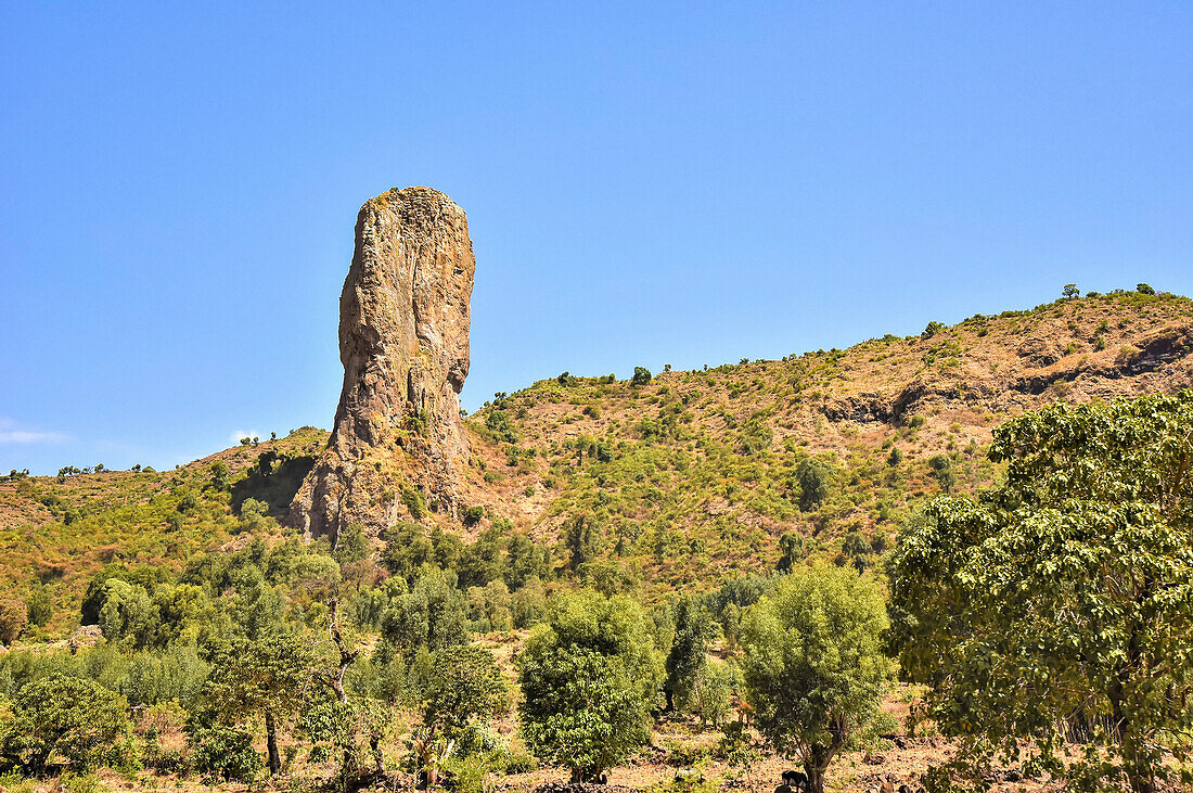 Volcanic rock formation on mountainside in the Ethiopian Highlands; Ethiopia