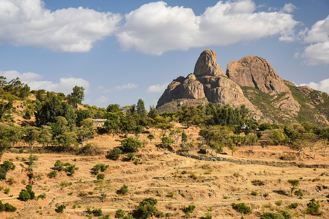 Bergige Felsformation und terrassiertes Ackerland im äthiopischen Hochland; Äthiopien