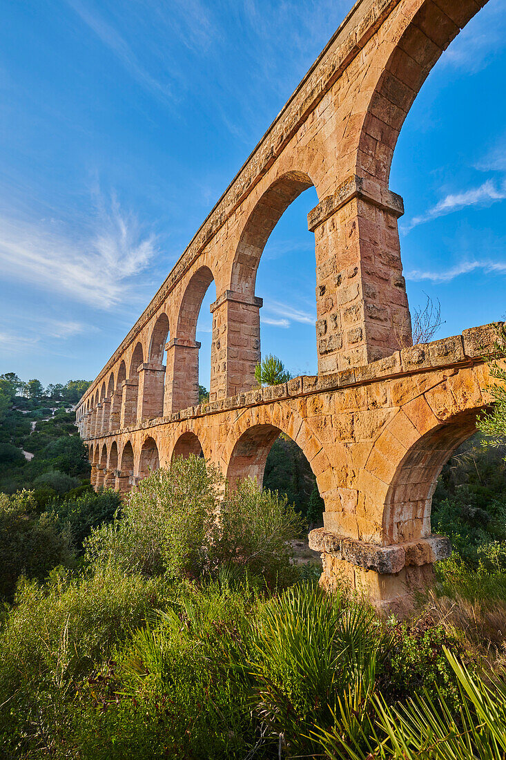 Old, Roman aqueduct, the Ferreres Aqueduct (Aqüeducte de les Ferreres) also known as Pont del Diable (Devil's Bridge) near Tarragona; Catalonia, Spain