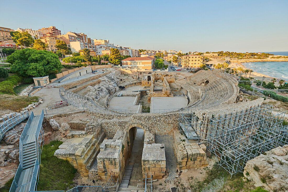 Ancient Tarragona Amphitheatre (Amfiteatre Romà - Circ Roma) in the port city of Tarragona; Tarragona, Catalonia, Spain