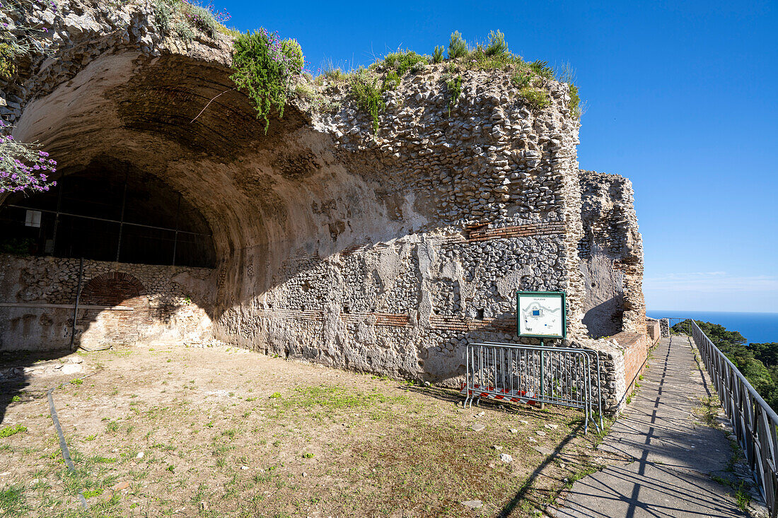 Walkway and the Grotta di Tiberio at Villa Jovis on the Island of Capri; Naples, Capri, Italy