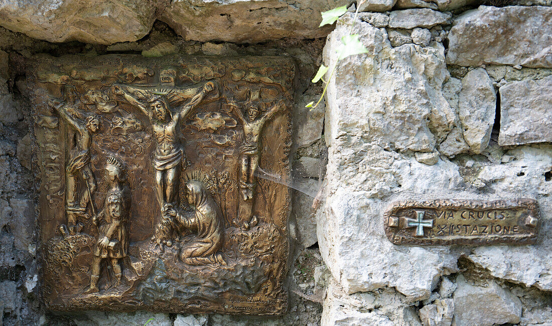 Close-up of religious relief sculpture at the Villa Santa Maria a Cetrella on Monte Solaro in Anacapri on the Island of Capri; Naples, Capri, Italy