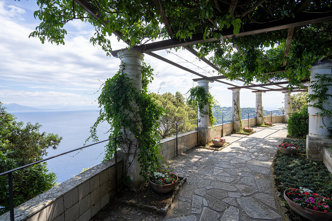 View of the Bay of Naples through the pergola and walkway at Villa San Michele, 19th century villa built by Swedish physician and author Axel Munthe, Anacapri, on the Island of Capri; Naples, Capri, Italy