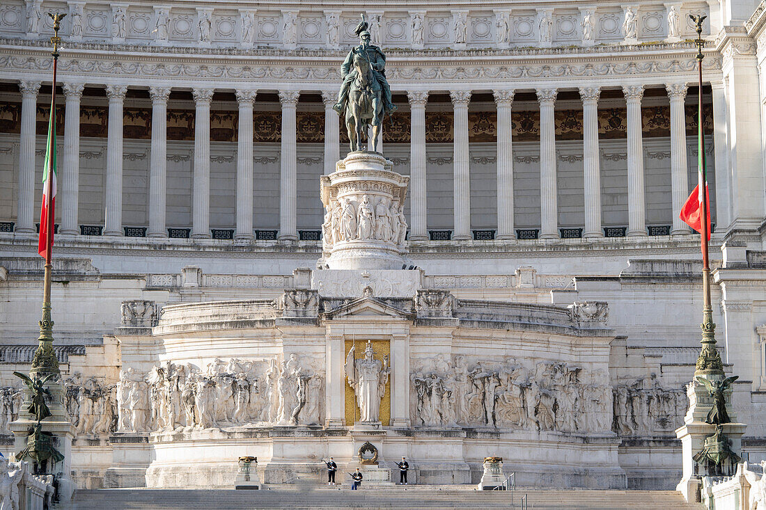 Equestrian statue of Victor Emanuel II in front of the Vittoriano, Altar of the Fatherland, Victor Emmanuel Monument, Altare della Patria Piazza Venezia and tomb of the Unknown Soldier under the Goddess Roma; Rome, Italy