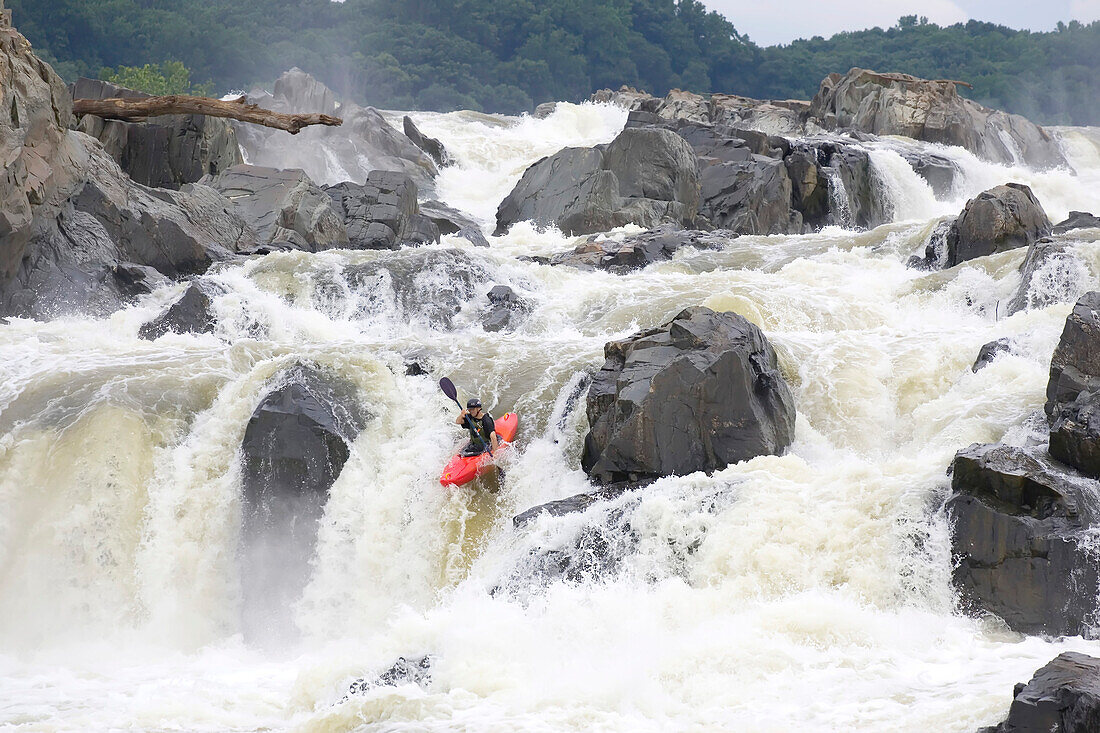 Kajakfahrer paddeln vor einer Reihe von Wasserfällen in großes Wildwasser; Great Falls, Potomac River, Virginia.
