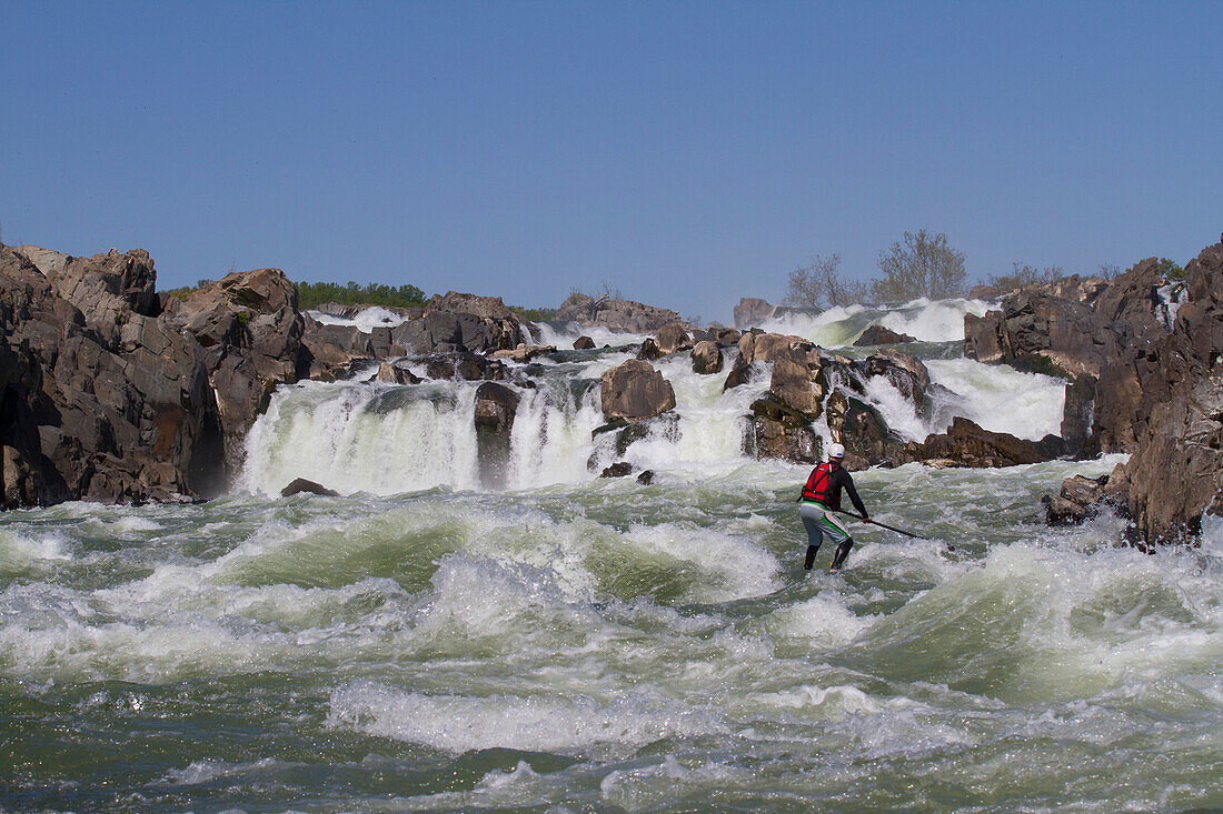 A stand up paddle boarder surfs in white water just below Great Falls.; Potomac River, Maryland/Virginia.