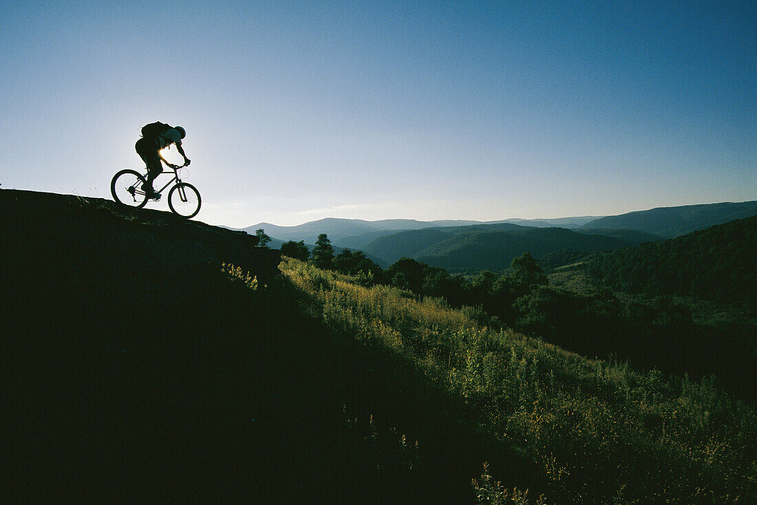 Ein Mountainbiker fährt einen Hügel in Pocahontas County hinunter; Pocahontas County, West Virginia.