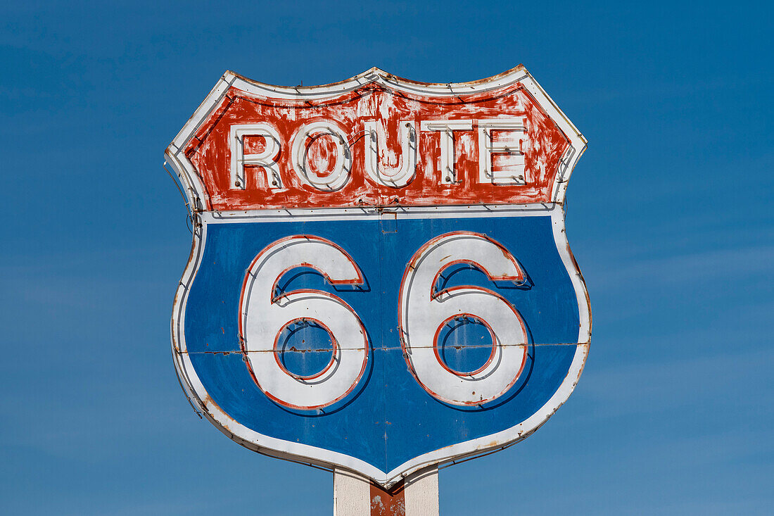 A classic and iconic Route 66 sign found in Eastern New Mexico; Moriarty, New Mexico, United States of America