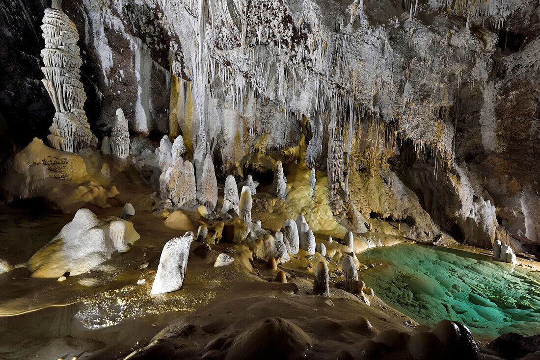 Giant stalagmite speleothems grow close to the back wall overlooking a green pool of water.; Carlsbad Caverns National Park, New Mexico.