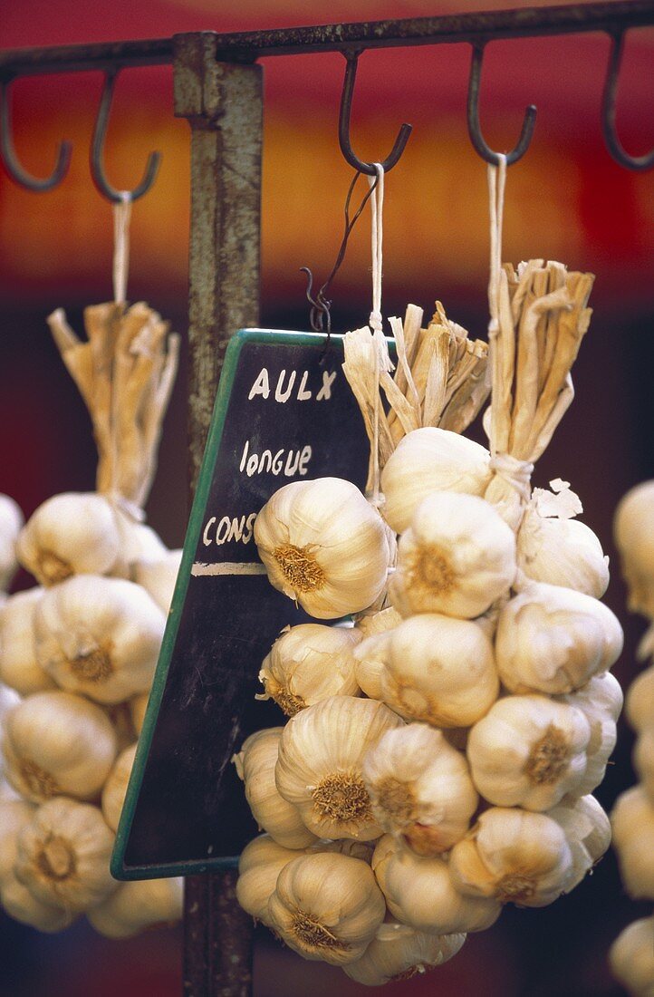 Garlic Braids Hanging in a Market