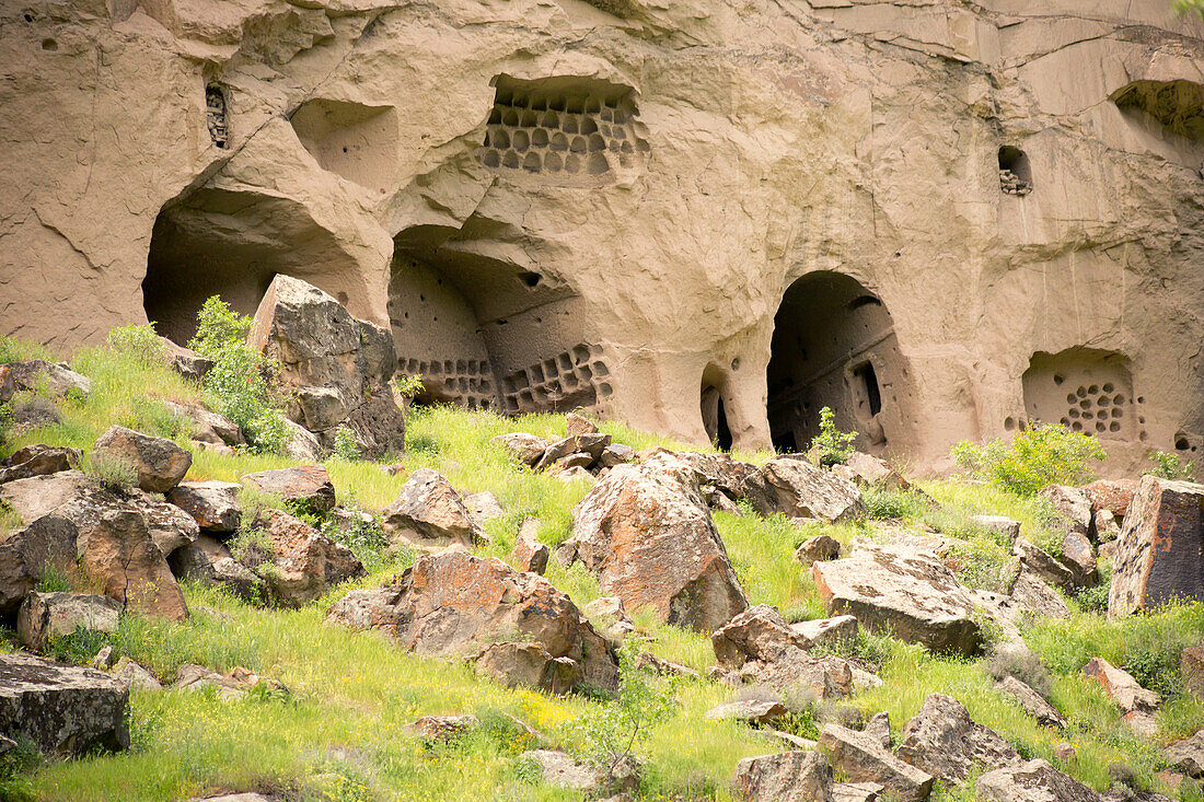 Cave dwellings viewed from hike along the Ihlara Valley in Aksaray Province; Cappadocia, Turkey