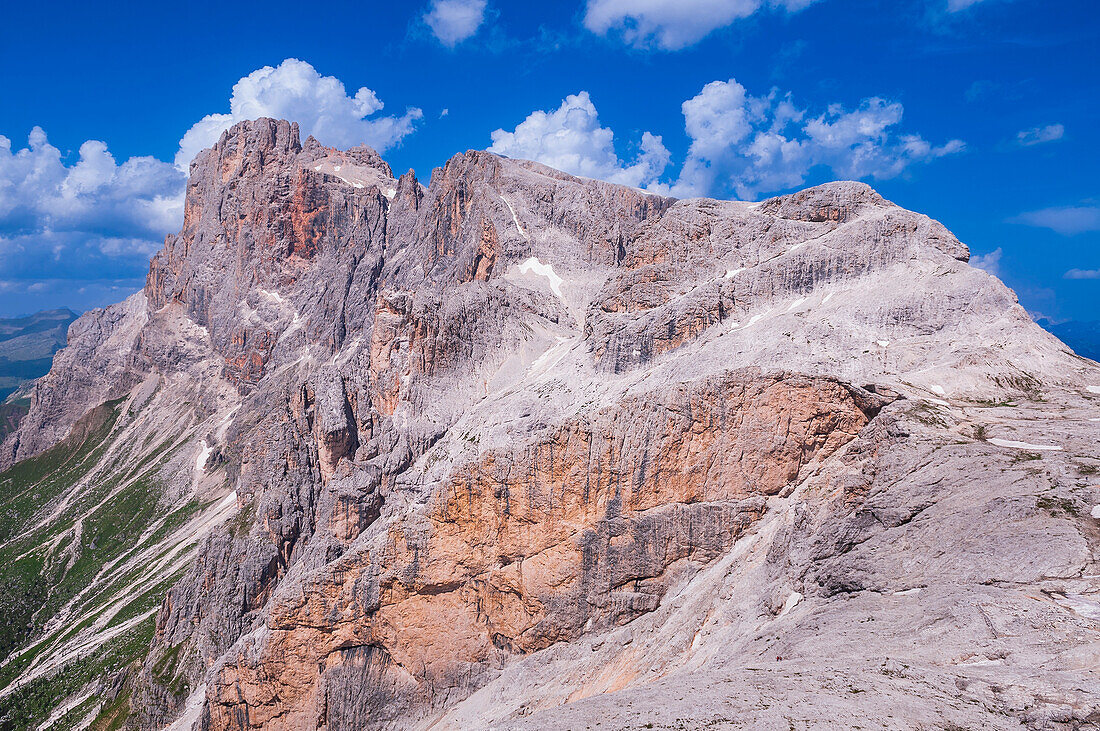 Rocky summit in the Pale di San Martino (Pala Group) at San Martino di Castrozza in the Primiero Valley of the Trentino Province with a blue sky; Trentino-Alto Adige, Dolomites, Italy